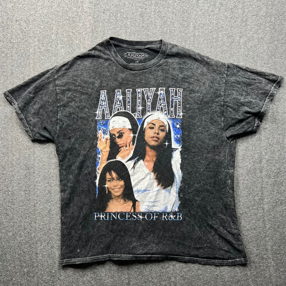 Aaliyah T-Shirt Mens Large Gray Acid Wash Princess of R&B Graphic Short Sleeve